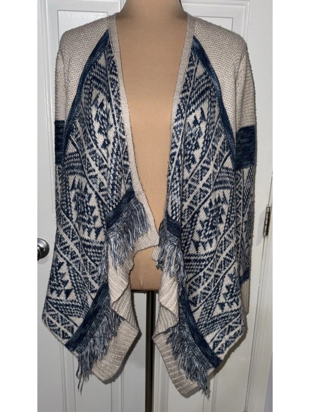 Lucky Brand Womens Ivory Blue Open Front Fringe Cardigan Sweater Size M